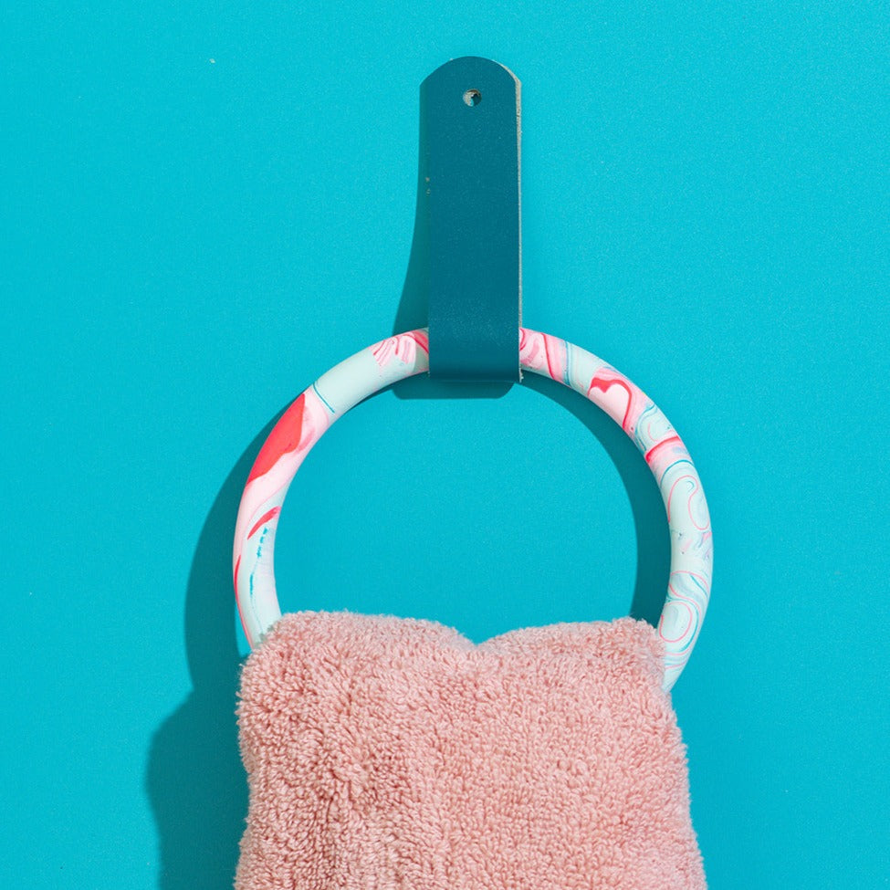 Marbled Towel Ring & Leather Strap - Mint & Teal - Misshandled