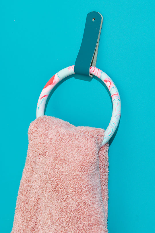 Marbled Towel Ring & Leather Strap - Mint & Teal - Misshandled