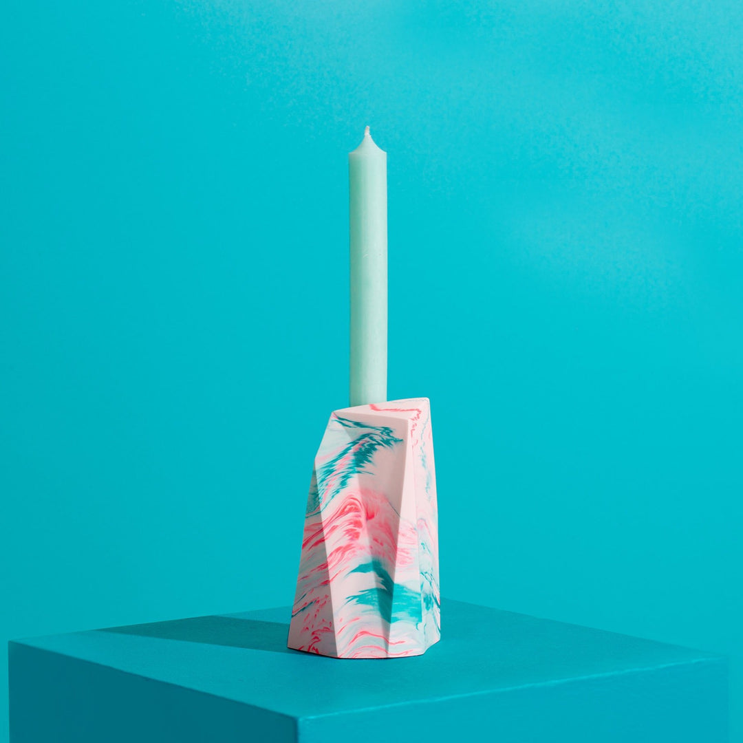 Tall Dinner Candle Holder - Marbled In Mint & Teal - Misshandled